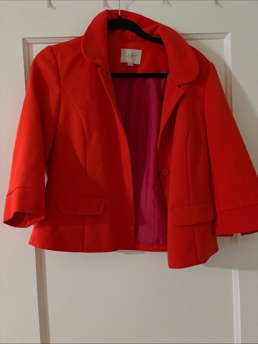 LOFT Bright Red Cropped Blazer with Rounded Notch Collar